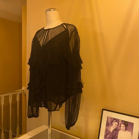 🐈⬛ GUESS black Sheer Ruffle Blouse puffed sleeve pirate Renaissance maiden - Picture 2 of 9